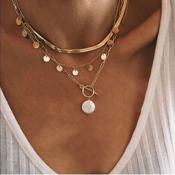 Gold Multi Layered Dainty Necklace Multi Chain Disc Necklace - Picture 1 of 8